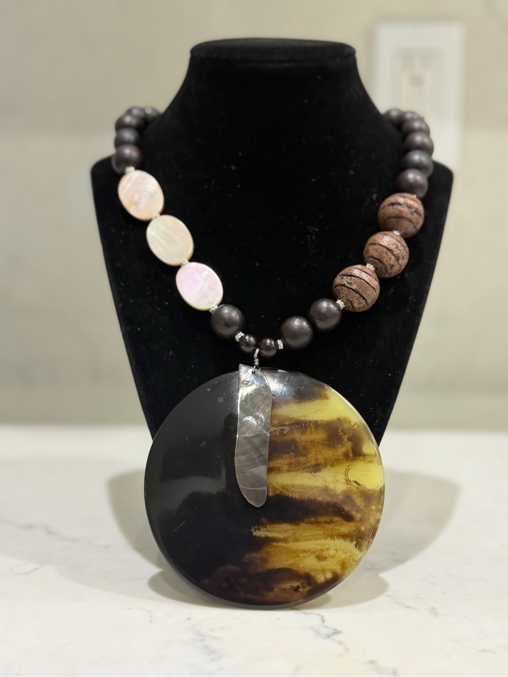 Statement Round Pendant Necklace with Wood Beads
